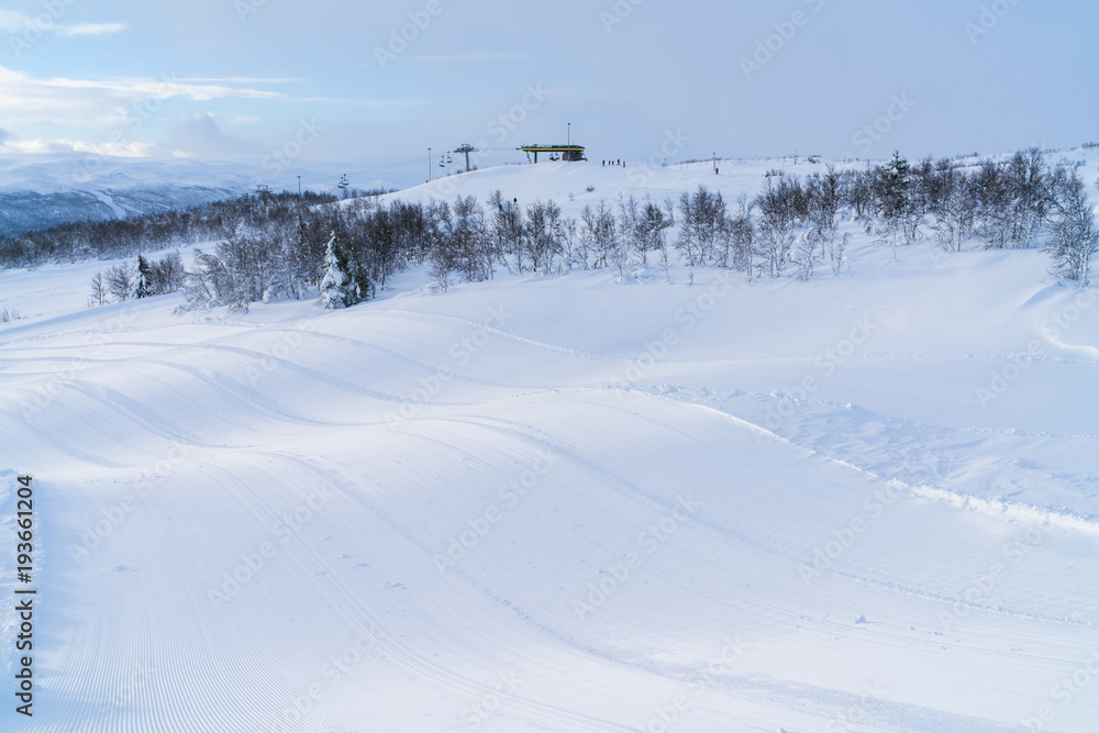 View of snowy landscape and ski track in Beitostolen. Winter in Norway