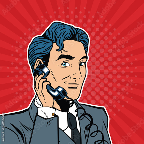 Businessman at phone pop art cartoon vector illustration graphic design