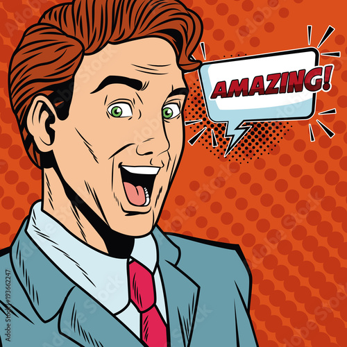 Businessman saying amazing pop art cartoon vector illustration graphic design