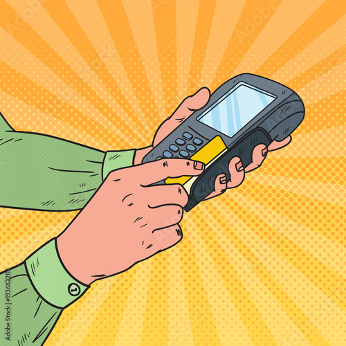 Pop Art Male Hands Swiping Credit Card with Bank Terminal. Payment with POS in Store. Vector illustration