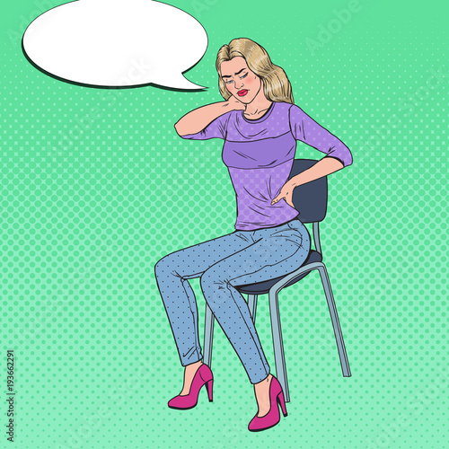 Pop Art Blonde Woman Suffering from Backache. Girl Feeling Unhealthy Sitting on the Chair. Vector illustration
