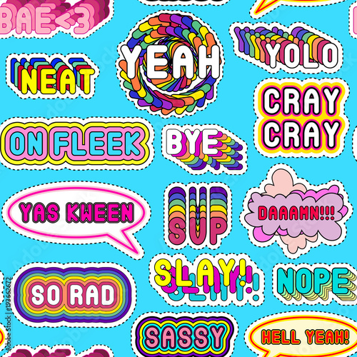 Seamless pattern with a set of sassy colorful phrases, words: "YOLO", "Slay!", "Hell Yeah", "Yas Kween". Slang acronyms and abbreviations.  Blue background.