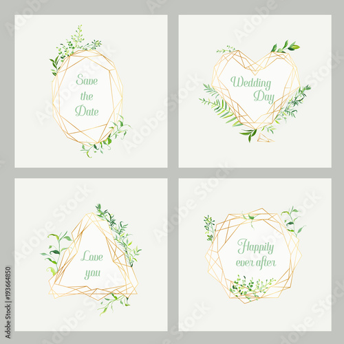 Wedding Invitation Floral Templates Set. Save the Date Frames with Place for your Text and Tropical Leaves. Greeting Cards, Posters, Banners. Vector illustration