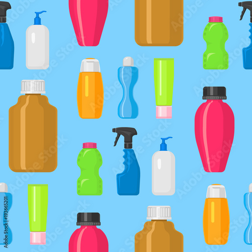 Bottles vector household chemicals supplies cleaning housework plastic detergent liquid domestic fluid bottle cleaner pack seamless pattern background illustration.