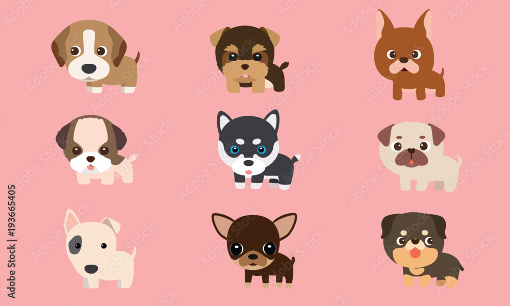 Vector series about cute puppies poodles, Siberian Husky, bull terriers and other breeds.