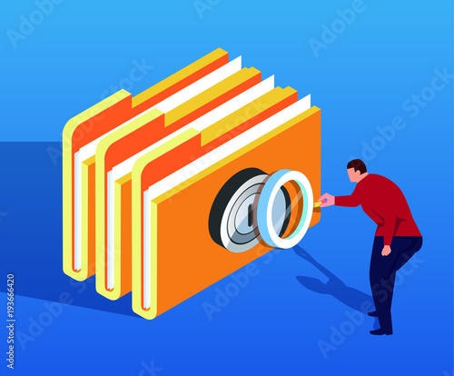 Businessman holding magnifying glass analyzing folder password