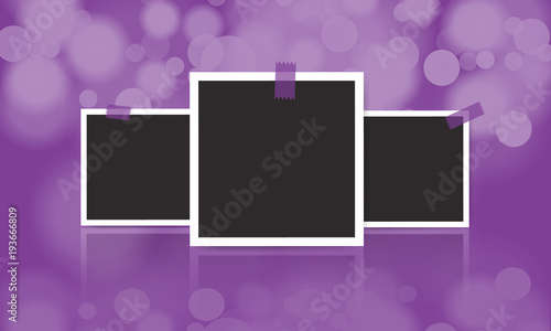 Vector vintage photo frame with adhesive tape on blur bokeh background.