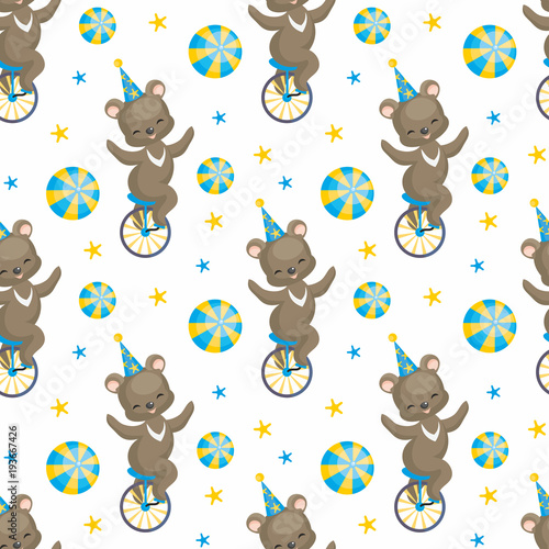 Children's seamless pattern with the image of circus trained animals. Colorful vector background.