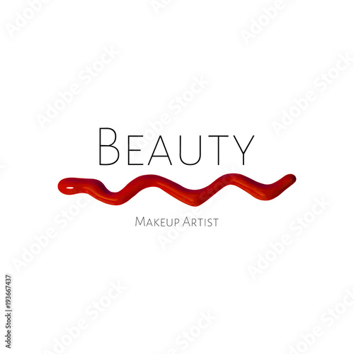 Beauty logo concept design. Red wavy trace, smear, stroke of red liquid lipstick on white background with the inscription. Makeup Artist or Studio logo design template. Vector logo layout
