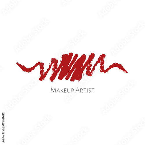 Beauty Makeup Artist logo template with red textured Lip pencils drawing stroke. Vector cosmetics sample. Lip pencil smudge strokes. Vector crayon concept. Cosmetics vector stroke.