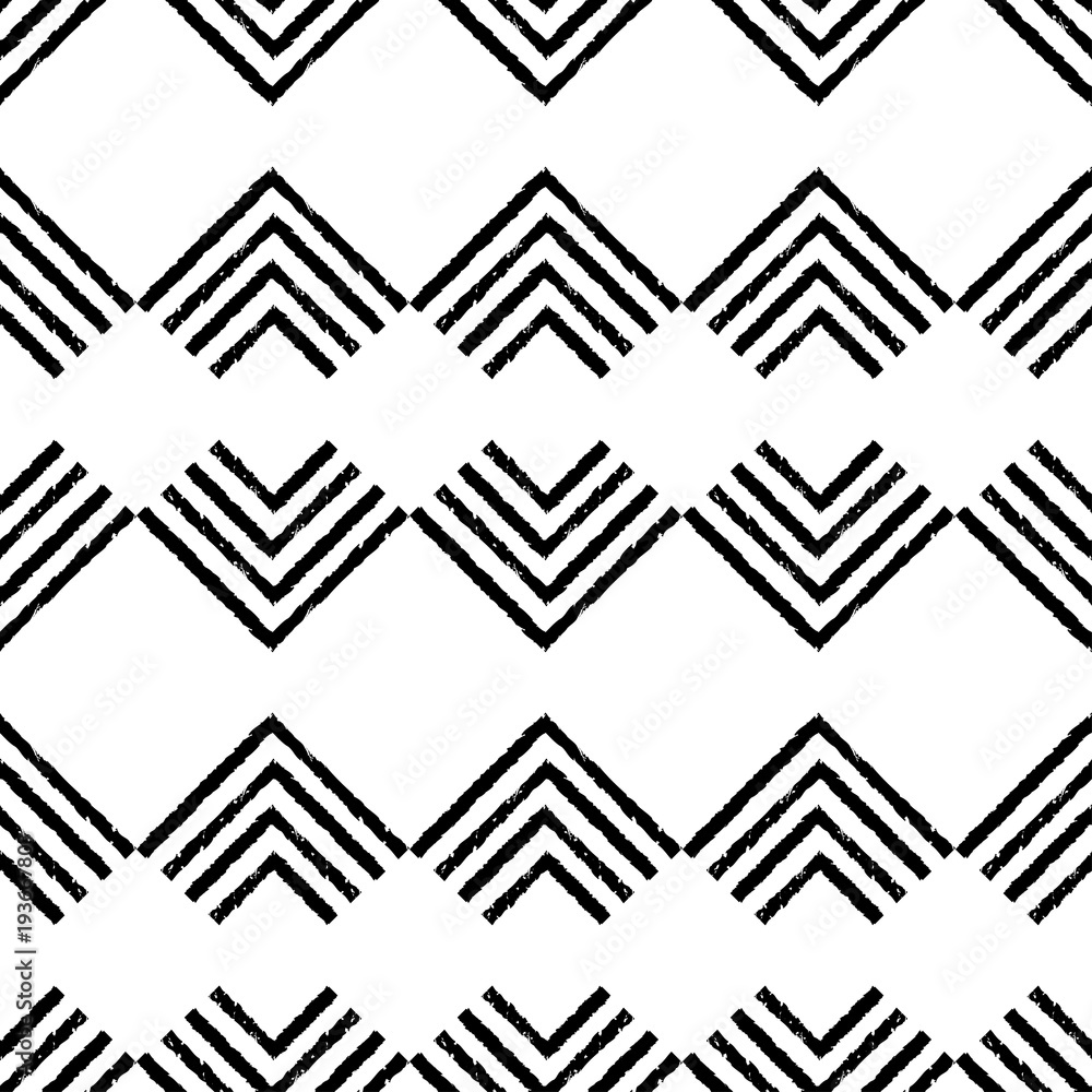Black and white Ethnic boho seamless pattern. Brushwork. Scribble texture. Folk motif. Textile rapport.