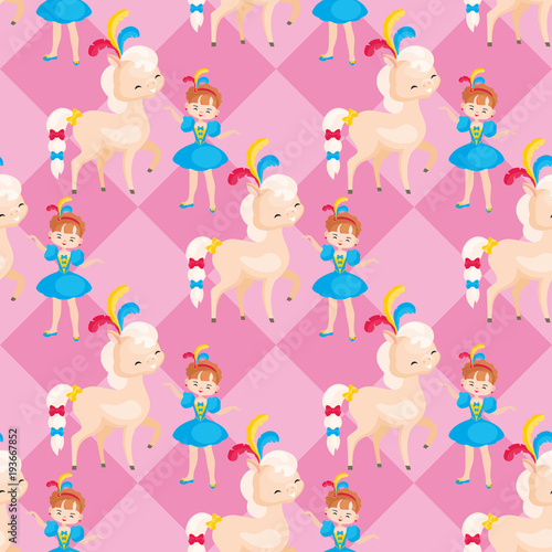 Children's seamless pattern with the image of circus trained animals. Colorful vector background.