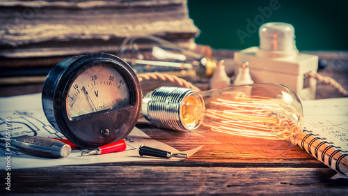 Fotografie Closeup of physics Laboratory in vintage classroom