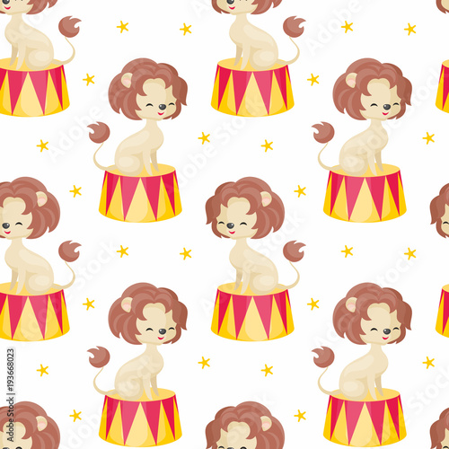 Children's seamless pattern with the image of circus trained animals. Colorful vector background.