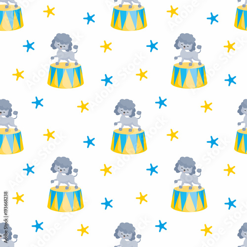 Children's seamless pattern with the image of circus trained animals. Colorful vector background.