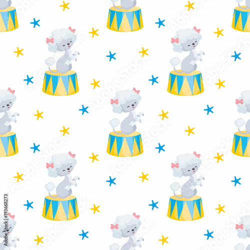 Children's seamless pattern with the image of circus trained animals. Colorful vector background.