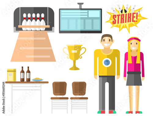 Set of vector colorful bowling icons sport strike pin symbol ball skittle game equipment illustration.