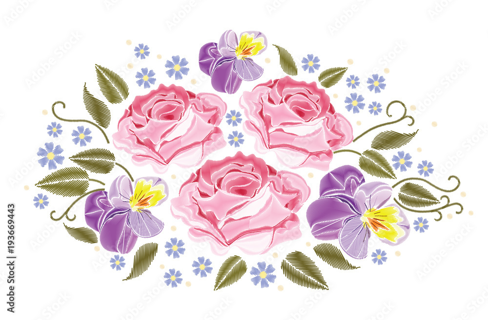 Flowers roses and pansies isolated on white background. Vector illustration. Embroidery element for patches, badges, stickers, greeting cards, patterns, t-shirts.