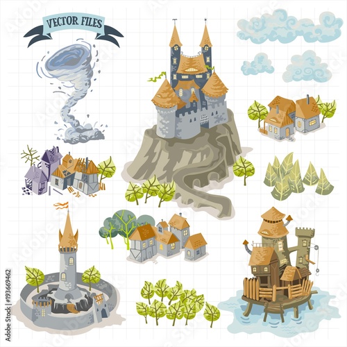 Fantasy Adventure map elements and colorful doodle hand draw in vector illustration isolated on white background