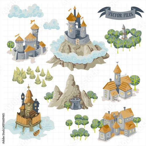 Fantasy Adventure map elements and colorful doodle hand draw in vector illustration isolated on white background