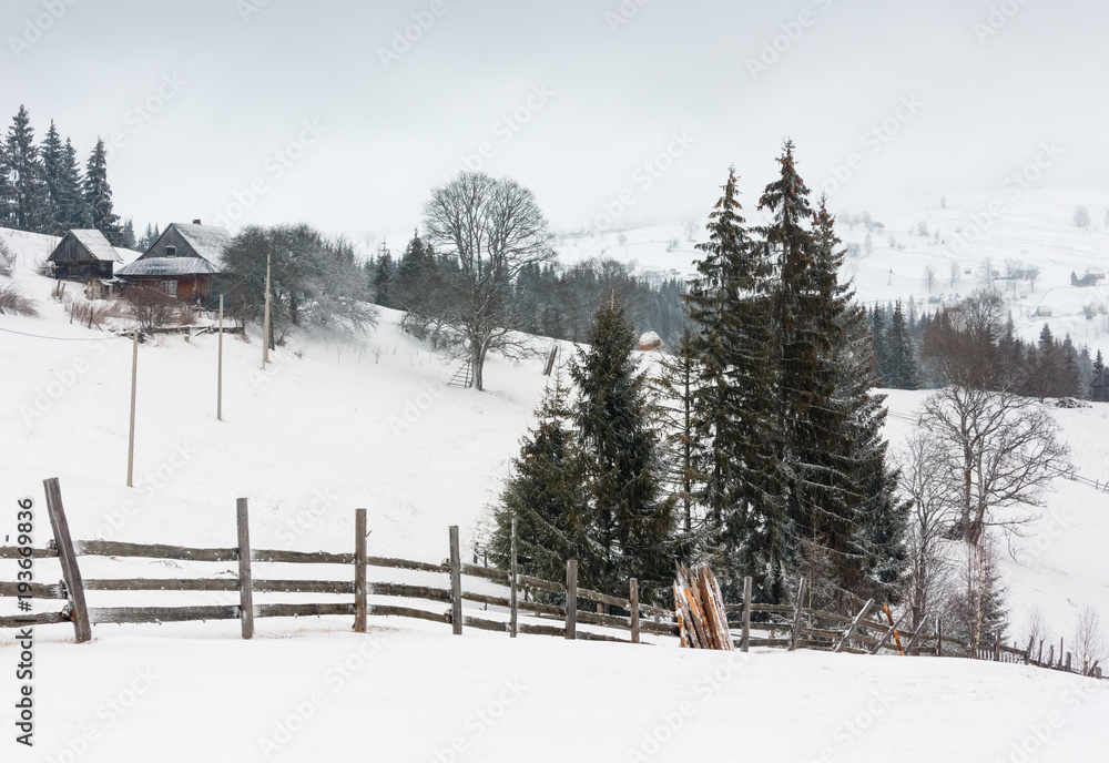 Early morning winter mountain village landscape Early morning winter mountain village landscape