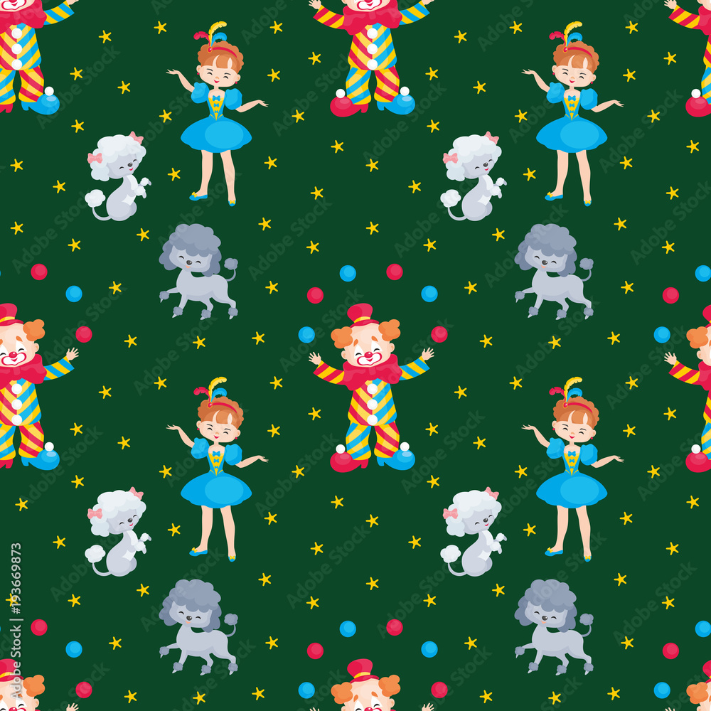 Fototapeta premium Children's seamless pattern with the image of circus trained animals. Colorful vector background.