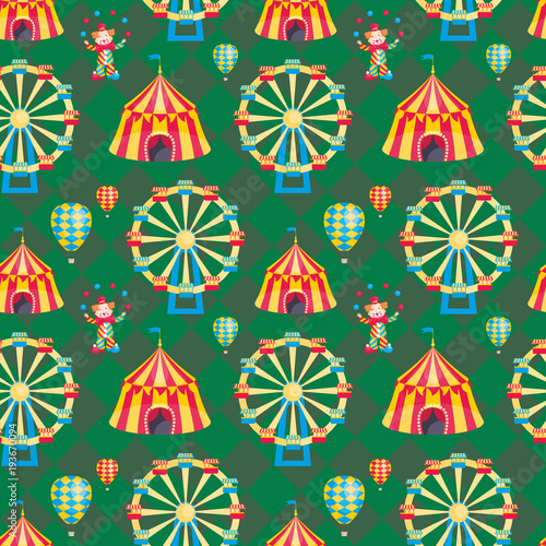 Children's seamless pattern with a picture of a circus tent. Colorful vector background.