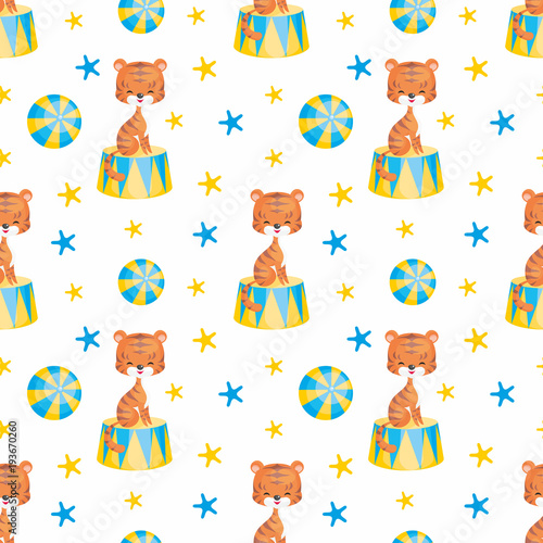 Children's seamless pattern with the image of circus trained animals. Colorful vector background.