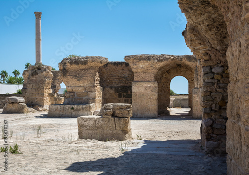Archaeological excavations. Ancient columns of marble and Thermal baths in Carthage. Tunisia