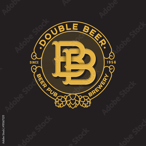 Double B letter. Beer Pub logo. Two beer pub emblem. Yellow monogram double B.