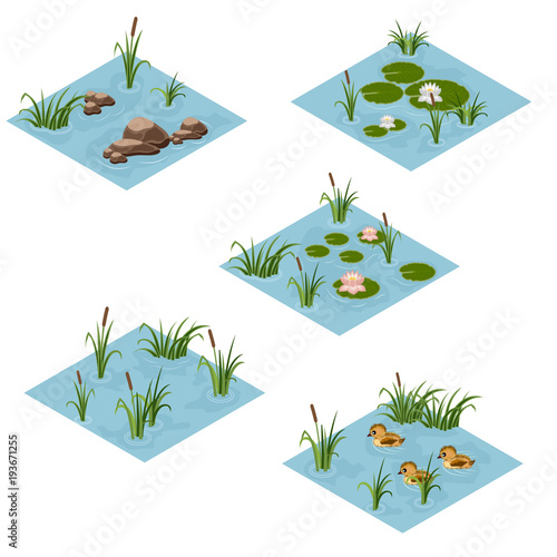Lake landscape isometric tile set, Cartoon or game asset