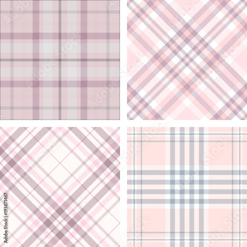 Set of four seamless tartan plaid patterns in shades of pink. Traditional checkered textures for digital textile printing.