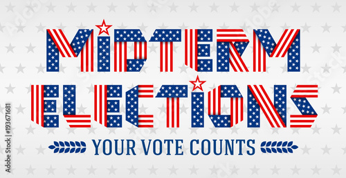 Midterm Elections invitation banner. Text made of folded ribbons with USA flag stars and stripes. Vector illustration.