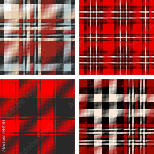 Set of four seamless tartan plaid patterns in shades of red, black, beige, blue and white. 