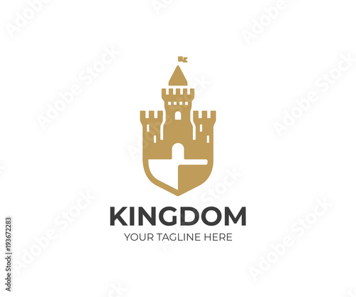 Castle and shield logo template. Fortress vector design. Tower illustration
