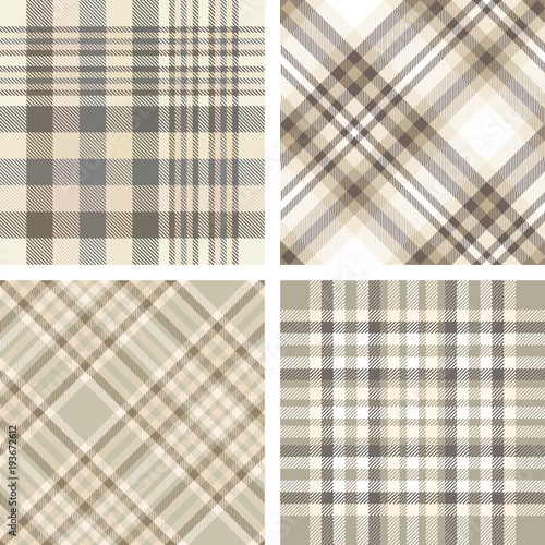 Set of four seamless tartan plaid patterns in shades of beige, tan, taupe and brown. Traditional checkered fabric texture for digital textile printing.