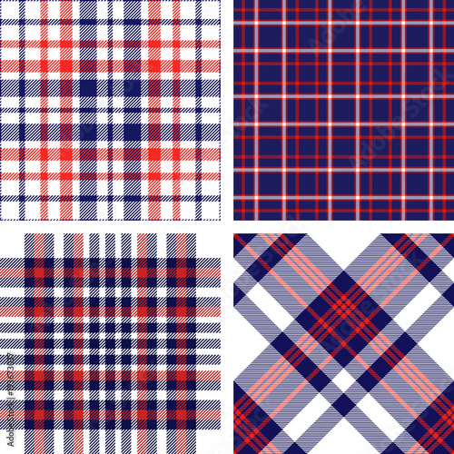 Set of four seamless tartan plaid patterns in red, white and blue. Traditional checkered fabric textures for digital textile printing.