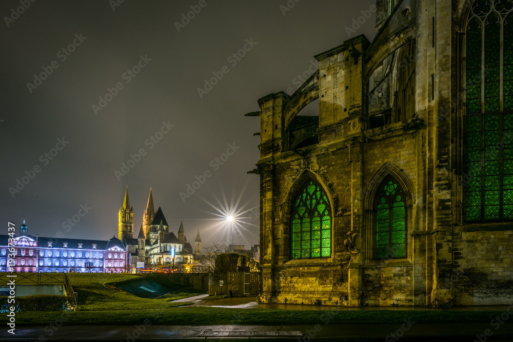 Architecture and attractions of the night city of France Caen