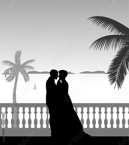 Wedding couple, groom and bride on seacoast under the palms on the beach silhouette, one in the series of similar images