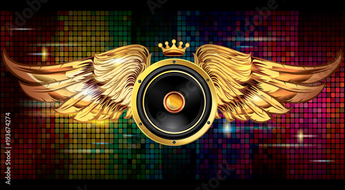 Winged audio speaker on bright colorful background