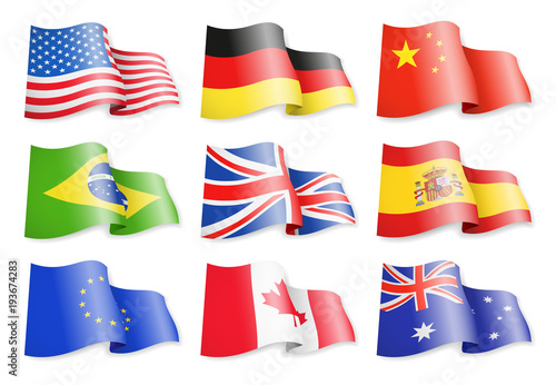 Waving flags of popular countries on a white background. Germany, Brazil, Spain, Canada, USA, China, Australia, European Union United Kingdom photo