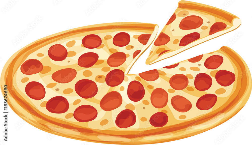 Pepperoni Pizza with Slice. Isolated vector illustration on white