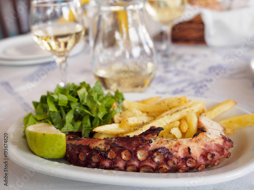 Grilled octopus in a greek restaurant on Lefkada island, Greece