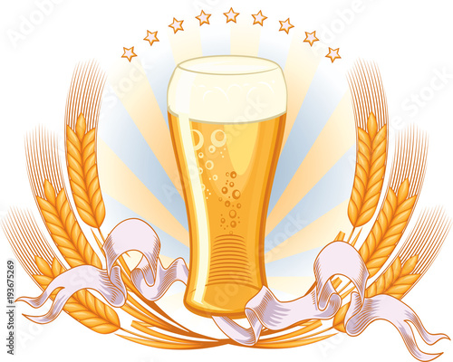Glass of beer and wheat decorative emblem