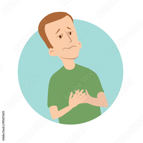 Young man holds hands on his chest. Early symptoms of heart attack, chest pain, sickness round icon. Vector flat healthcare and medical illustration, isolated on white background.