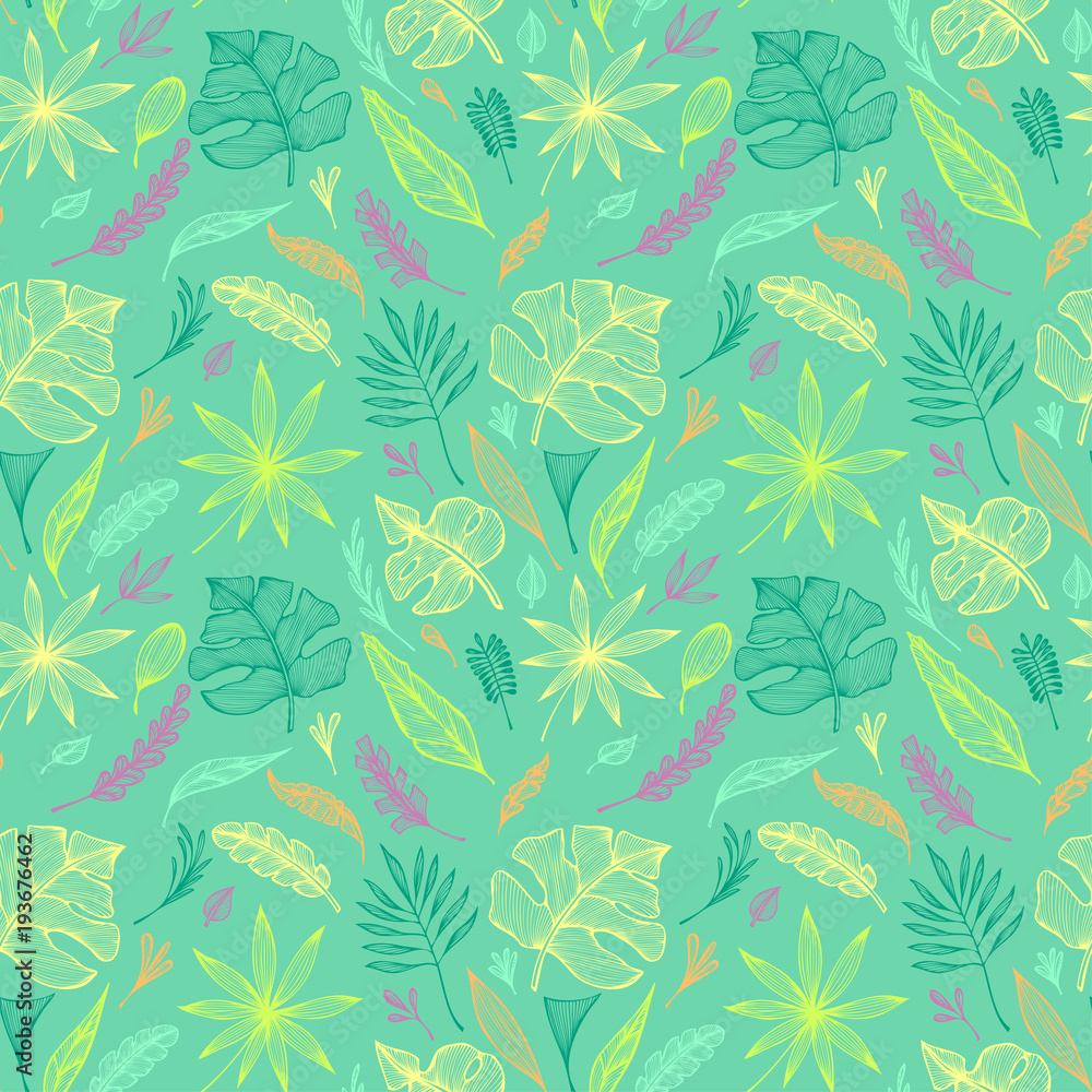 Seamless pattern from hand draw structure of tropic leaves colorful on green in line art for creative design package of cosmetic or perfume or for design of botanical theme Seamless pattern from hand draw structure of tropic leaves colorful on green in line art for creative design package of cosmetic or perfume or for design of botanical theme