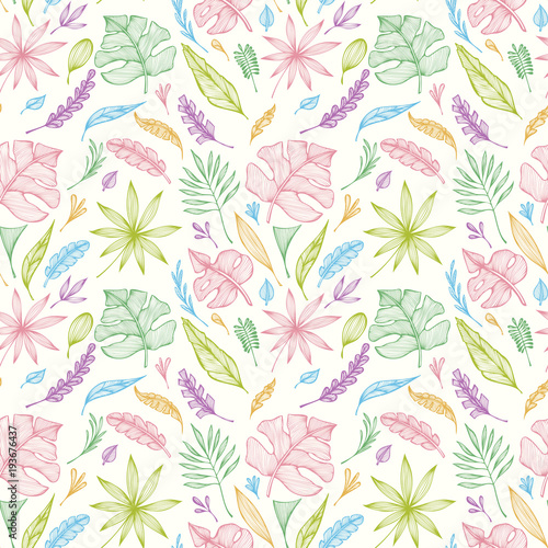 Seamless pattern from hand  draw structure of  tropic leaves colorful on white in line art for creative design package of  cosmetic or  perfume or for design of  botanical theme