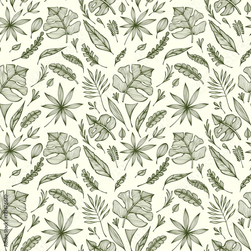 Seamless pattern from Hand draw structure of tropic leaves black on white in line art for design flyer banner or for decoration package of  tea or cosmetic or  perfume or for design of botanical theme