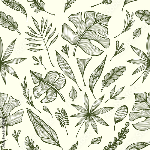 Seamless pattern from Hand draw structure of tropic leaves black on white in line art for design flyer banner or for decoration package of  tea or cosmetic or  perfume or for design of botanical theme