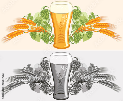 Glass of beer with hop and wheat - decorative emblem